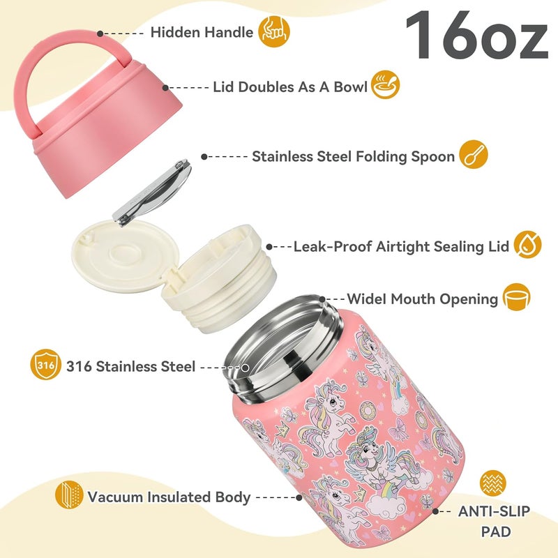 Haweek Soup Thermo for Hot Food Kids 16oz Insulated Food Jar Leakproof Thermo Lunch Container for Kids Wide-Mouth Stainless Steel Lunch Box for School with Handle Folding Spoon(3+)​ - Image 4